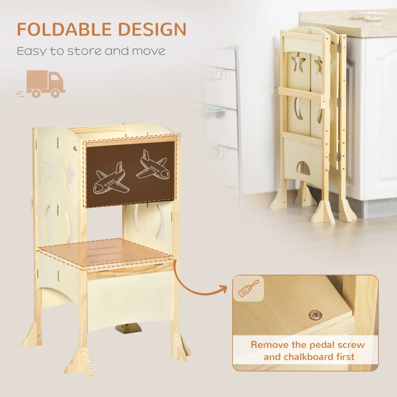 Qaba Kids Kitchen Helper Foldable Step Stool Toddler Kitchen Stool with Blackboard Lockable Handrail for 3-6 Years old Natural