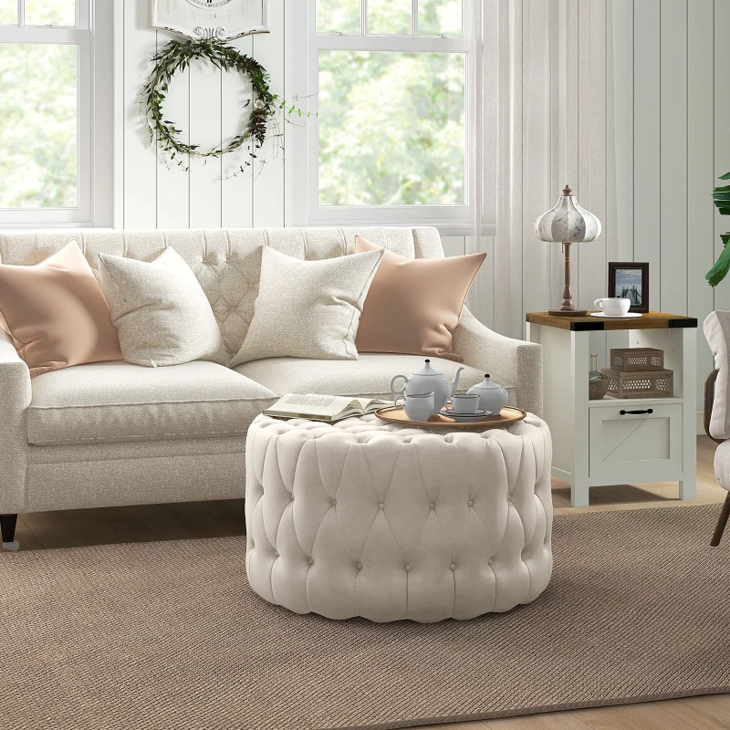 HOMCOM Round Ottoman Coffee Table with Velvet-feel Upholstery, Button Tufted Design and Padded Seat, Beige