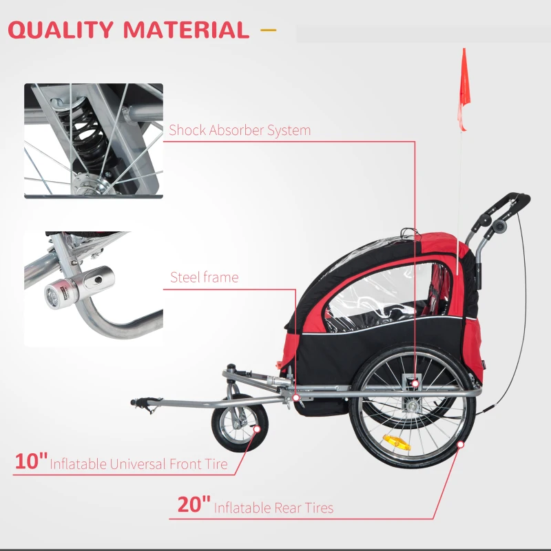 Aosom Elite 360 Swivel Bike Trailer for Kids Double Child Two-Wheel Bicycle Cargo Trailer With 2 Security Harnesses, Red