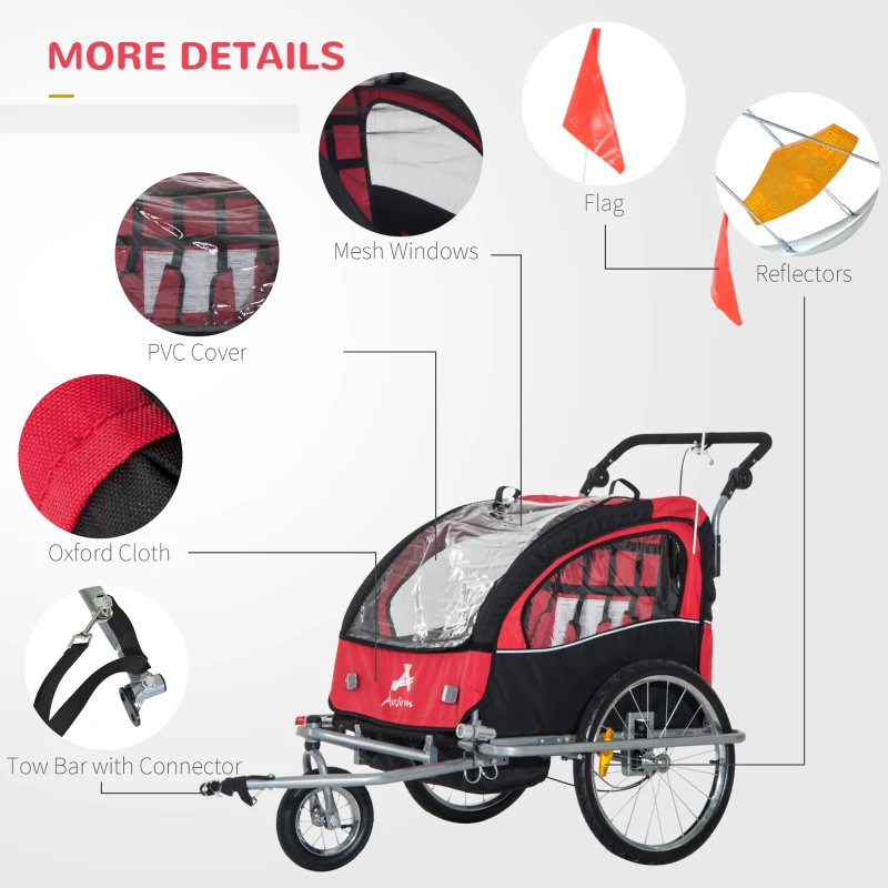 Aosom Elite 360 Swivel Bike Trailer for Kids Double Child Two-Wheel Bicycle Cargo Trailer With 2 Security Harnesses, Red