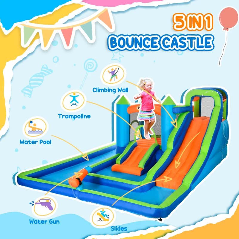 Outsunny 5 in 1 Kids Bounce House with Double Slides Pool Trampoline Climbing Wall Water Cannon, Inflatable Bouncy Castle Outdoor with Blower Carrying Bag, for 3-8 Years Old