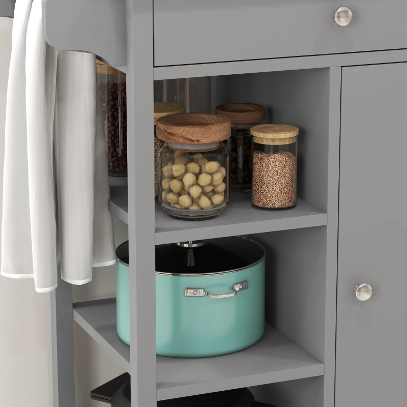 HOMCOM Modern Rolling Kitchen Island Cart with Drawer, Natural Wood Top, Towel Rack, Door Storage Cabinet, Grey