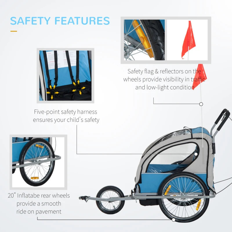 Aosom Elite Three-Wheel Bike Trailer for Kids Bicycle Cart for Two Children with 2 Security Harnesses & Storage, Blue