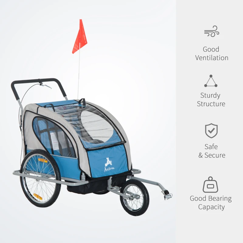Aosom Elite Three-Wheel Bike Trailer for Kids Bicycle Cart for Two Children with 2 Security Harnesses & Storage, Blue