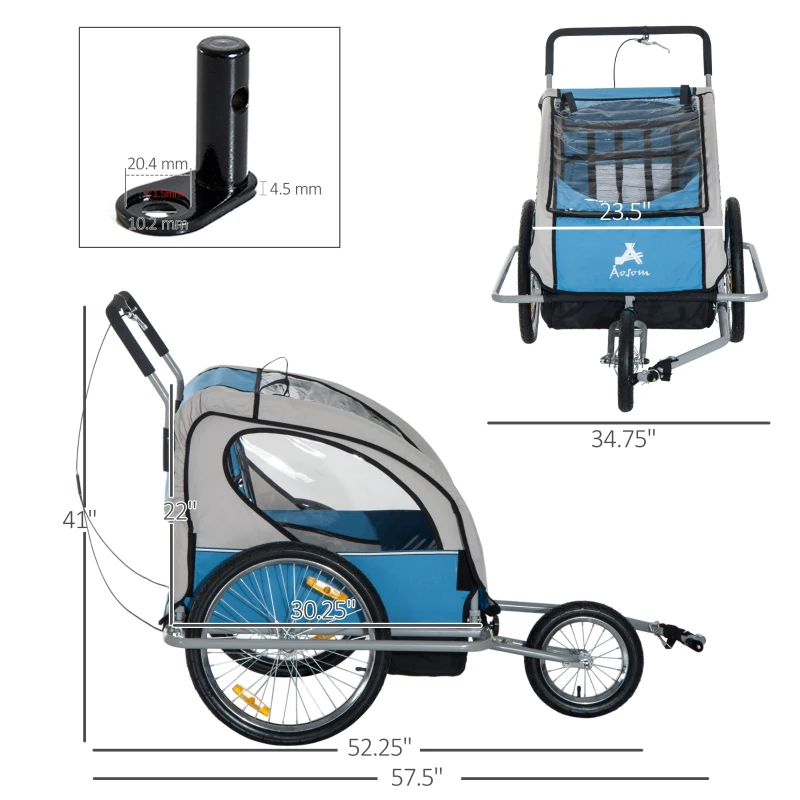 Aosom Elite Three-Wheel Bike Trailer for Kids Bicycle Cart for Two Children with 2 Security Harnesses & Storage, Blue