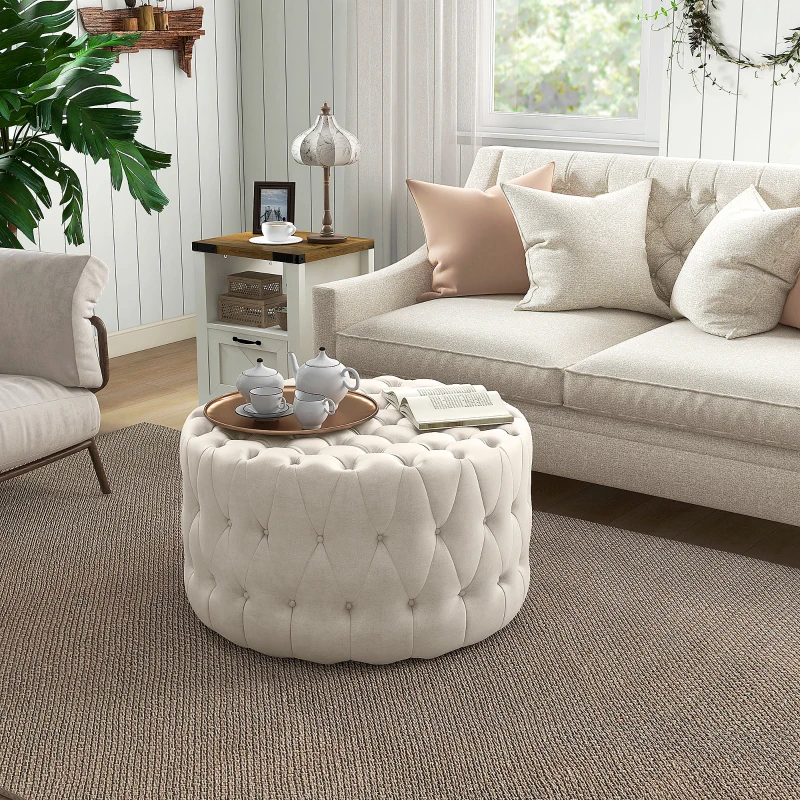 HOMCOM Round Ottoman Coffee Table with Velvet-feel Upholstery, Button Tufted Design and Padded Seat, Beige