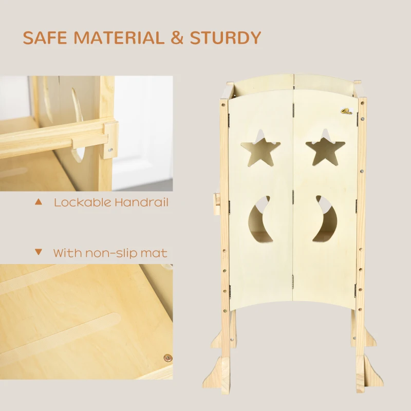 Qaba Kids Kitchen Helper Foldable Step Stool Toddler Kitchen Stool with Blackboard Lockable Handrail for 3-6 Years old Natural