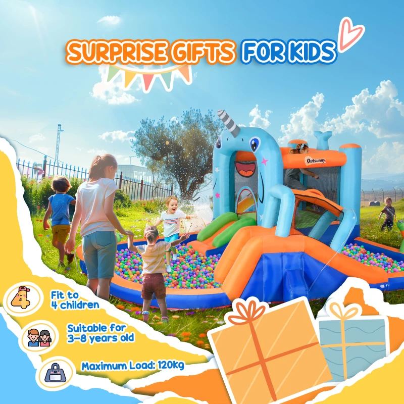 Outsunny 13.8 x 12FT Large Inflatable Water Slide Bouncy Castle, Narwhals Style Kids Bounce House with 450W Blower, Slide, Trampoline, Pool, Water Cannons, Climbing Wall, Carry Bag