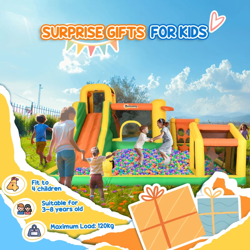 Outsunny 7-in-1 Inflatable Water Slide Kids Bounce House Water Park with Trampoline Pool, Carry Bag 450W Air Blower