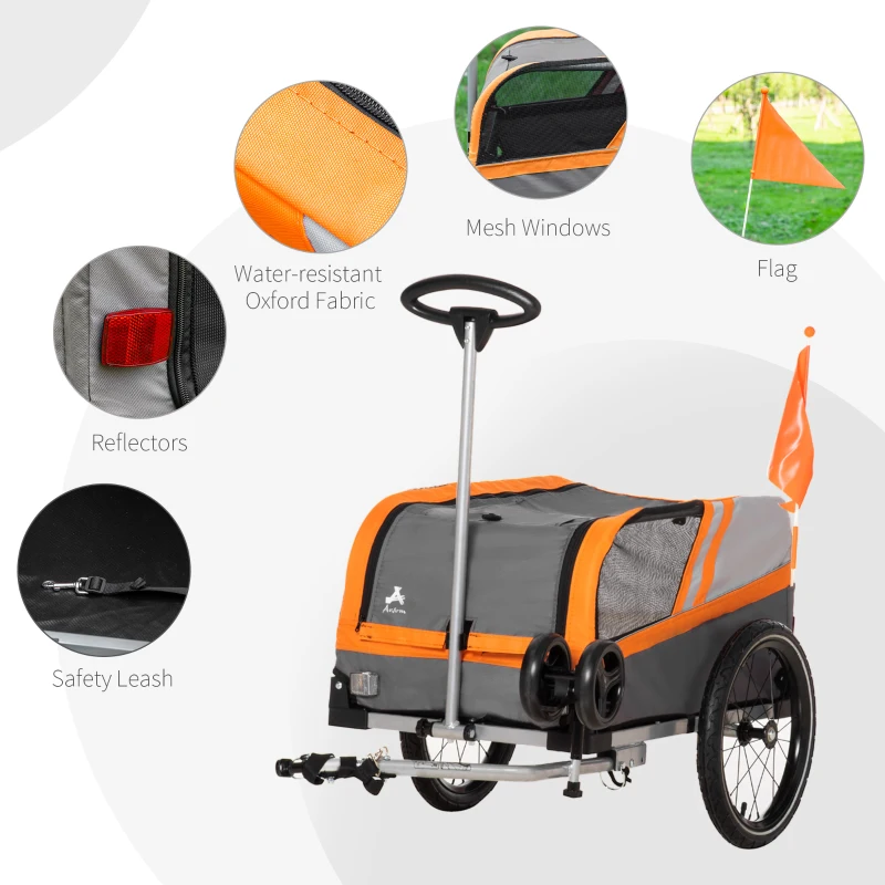 Aosom Dog Bike Trailer 2-in-1 Travel Dog Stroller, Bike Cargo Trailer, Small Pet Bicycle Cart Carrier with Universal Coupler, Safety Leash, and Easy Fold Design, Orange