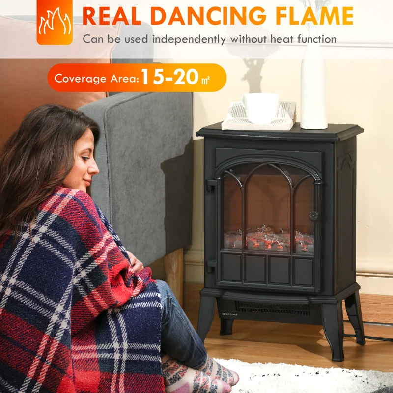 HOMCOM Electric Fireplace Stove, Freestanding Fireplace Heater with Realistic Flame, Adjustable brightness, Overheating Safety System, Black