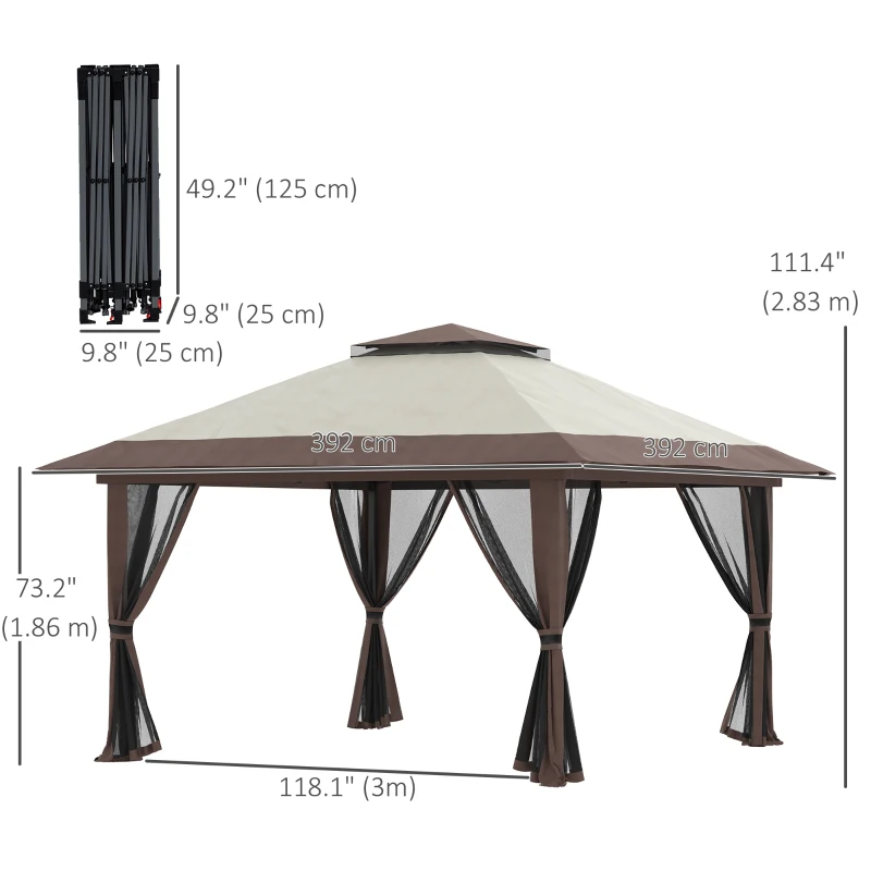 Outsunny 13' x 13' Pop Up Canopy, 2-Tier Roof Easy up Tent Shelter with Nettings Carry Bag Weight Bags for Garden, Patio, Beige