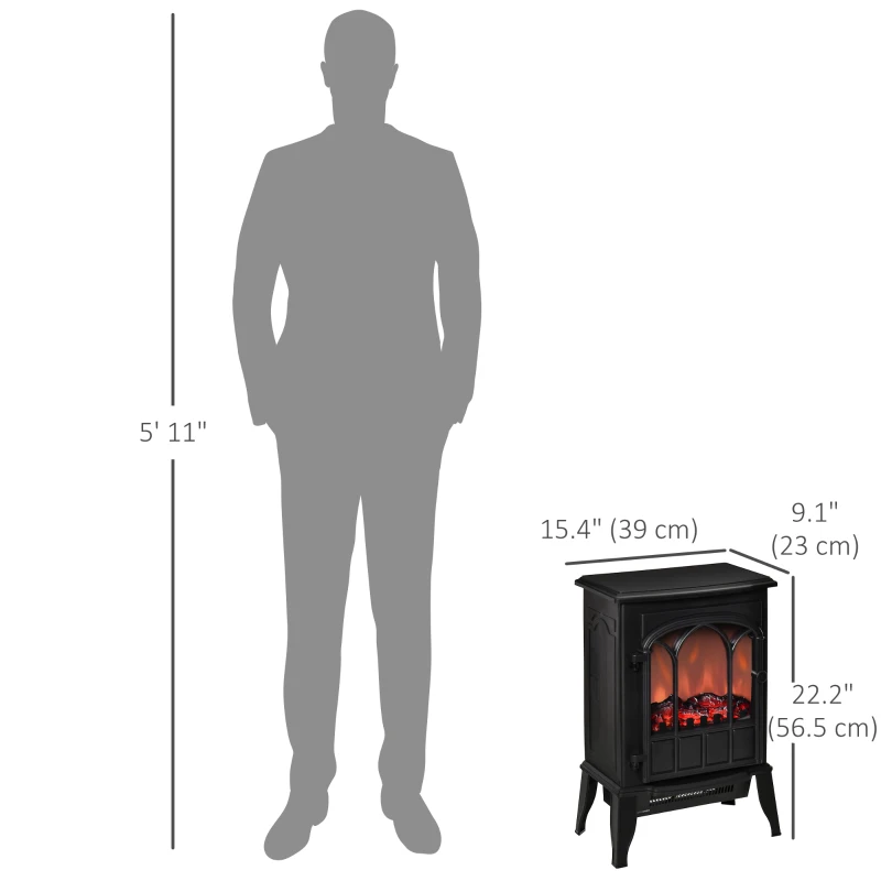 HOMCOM Electric Fireplace Stove, Freestanding Fireplace Heater with Realistic Flame, Adjustable brightness, Overheating Safety System, Black