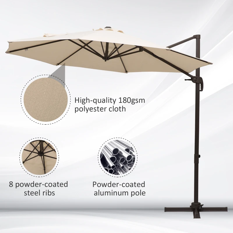 Outsunny 10ft Cantilever Patio Umbrella with 360° Rotation, Crank & Cross Base for Garden Deck Pool Backyard, Cream