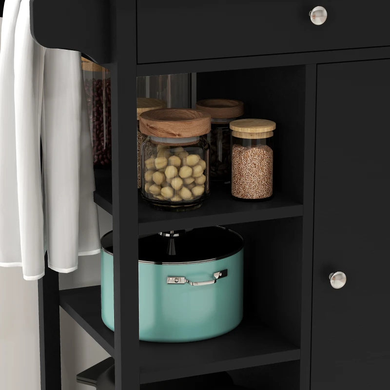 HOMCOM Modern Rolling Kitchen Island Cart with Drawer, Natural Wood Top, Towel Rack, Door Storage Cabinet, Black