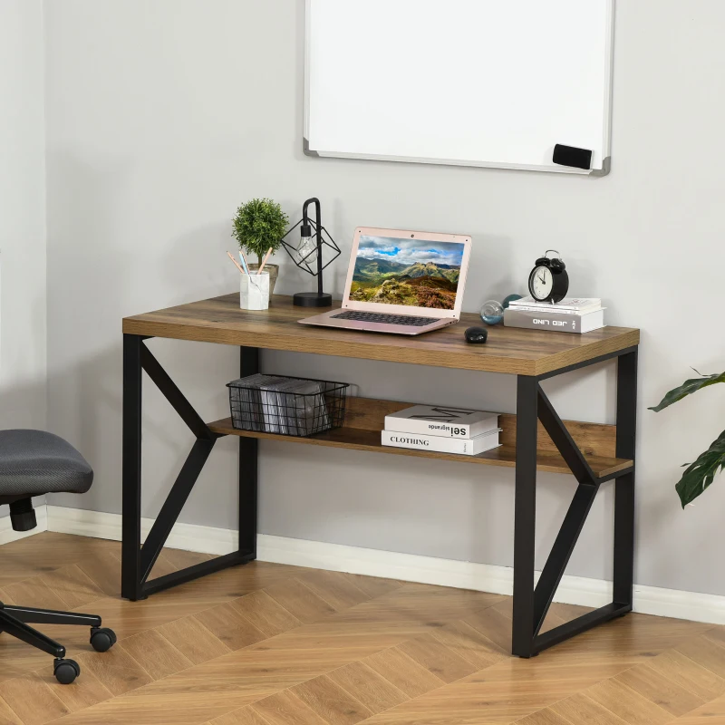 HOMCOM 47 Inch Industrial Writing Desk with Storage Shelf, Computer Desk with K-Shaped Steel Frame and Adjustable Footpads for Office, Black/Brown