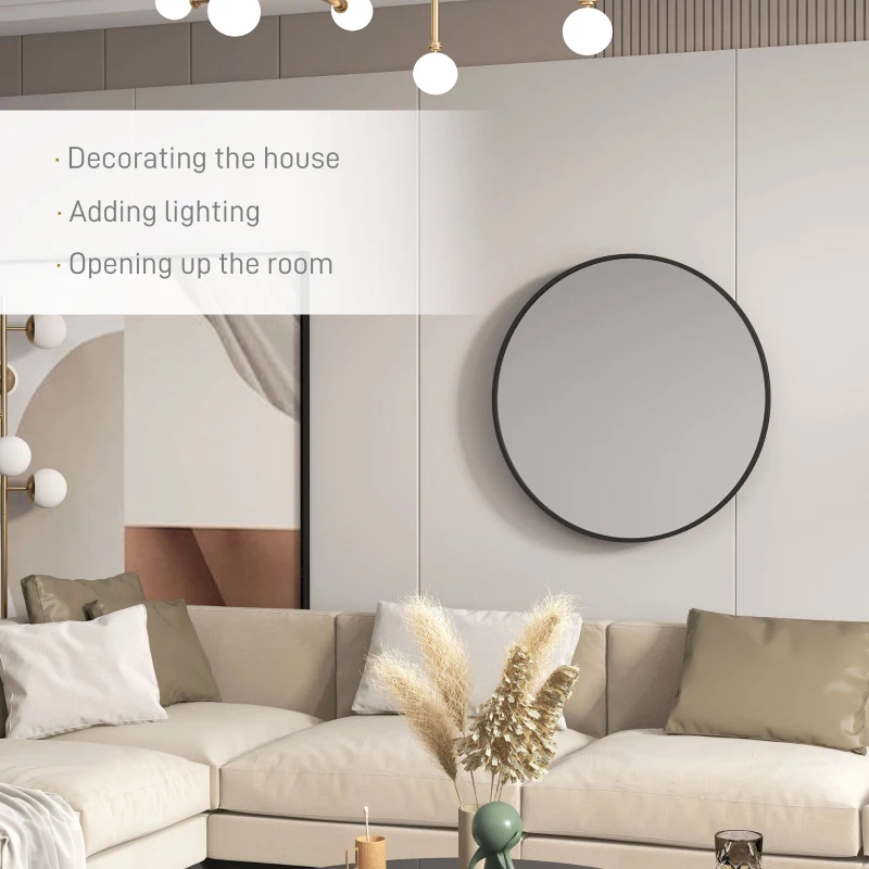 HOMCOM 36" Round Mirror, Bathroom Wall Mirror with Metal Frame, Decorative Vanity Mirror for Living Room, Bedroom, Black