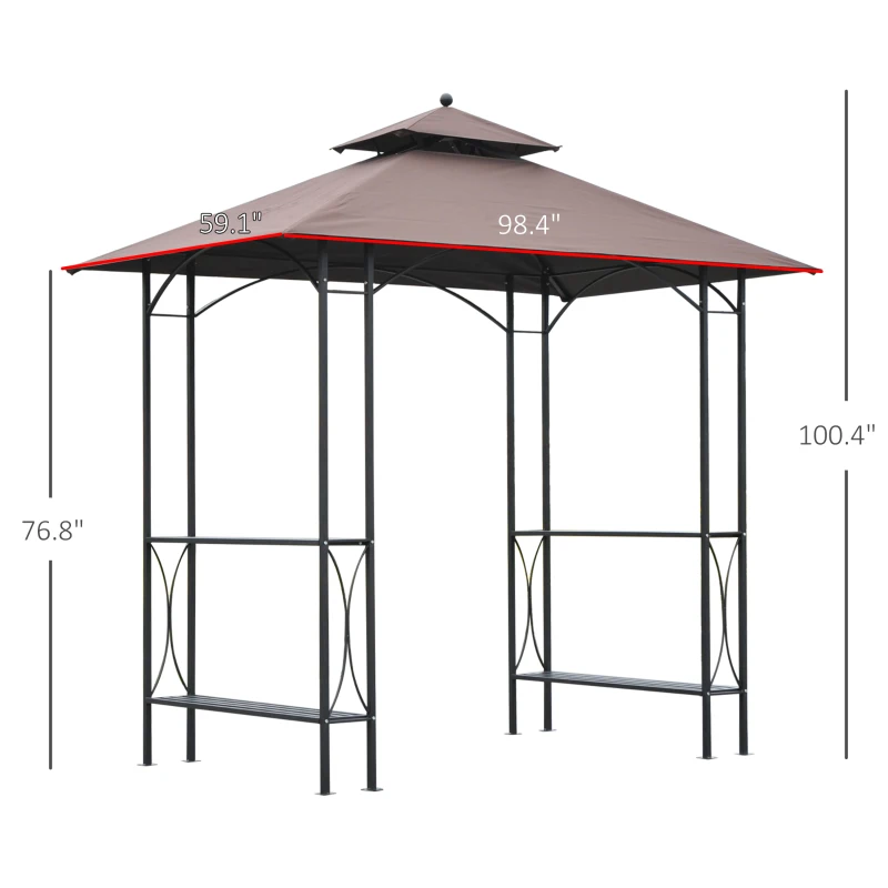 Outsunny 8' x 5' Grill Gazebo Double Tiered Tent Pavilion Grill Canopy Garden Sun Shade with 2-Tires Shelf