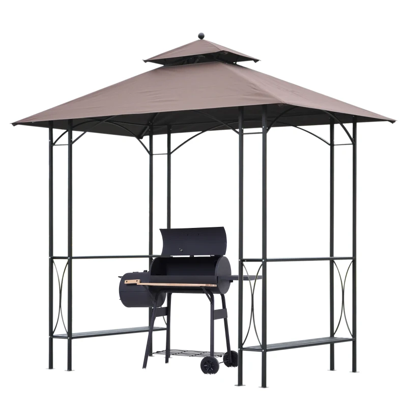 Outsunny 8' x 5' Grill Gazebo Double Tiered Tent Pavilion Grill Canopy Garden Sun Shade with 2-Tires Shelf