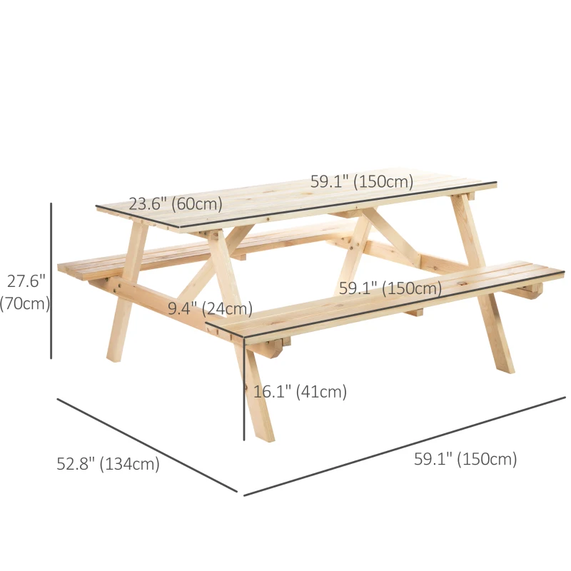 Outsunny Wood Picnic Table, Camping Table and Bench Set with Umbrella Hole for Outdoor, Garden, Patio, Backyard, Natural