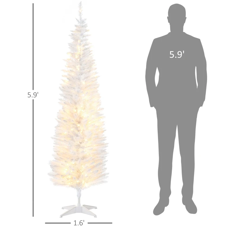 HOMCOM 6ft Pencil Christmas Tree, Slim Artificial Christmas Tree with Realistic Branches and Warm White LED Lights, White