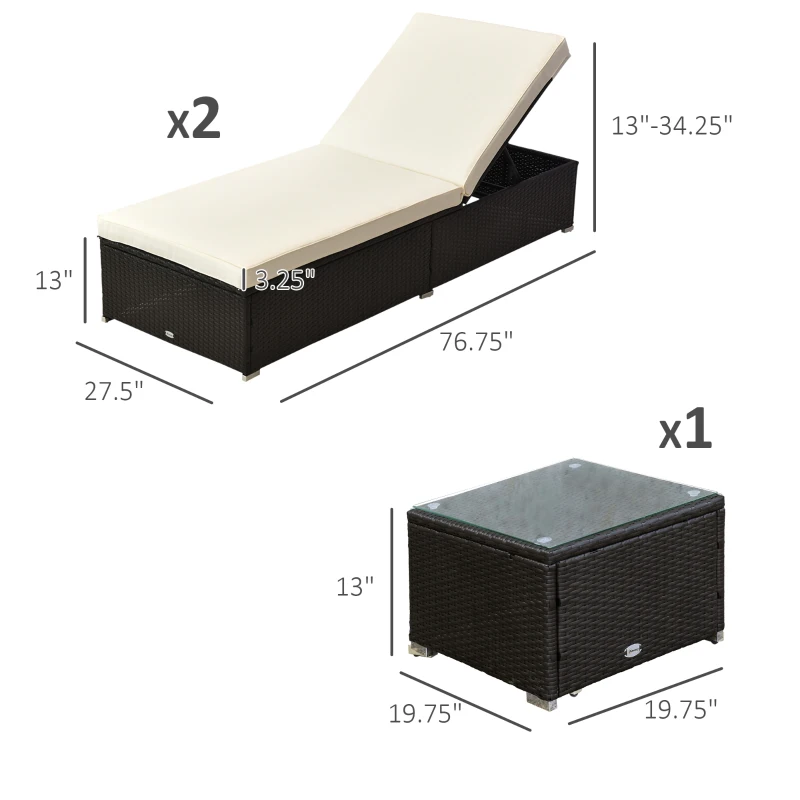 Outsunny 3pc Rattan Lounge Chair Set with Side Table Outdoor Patio Synthetic Rattan Wicker Sun Bed Set with Cushion