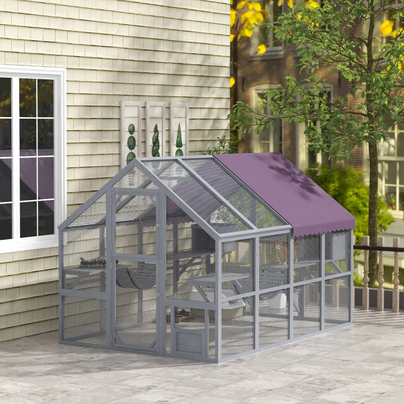 PawHut 9.2' Outdoor Catio Enclosure with Condos & Canopy, Spacious Cat House, Weather-Resistant, Gray