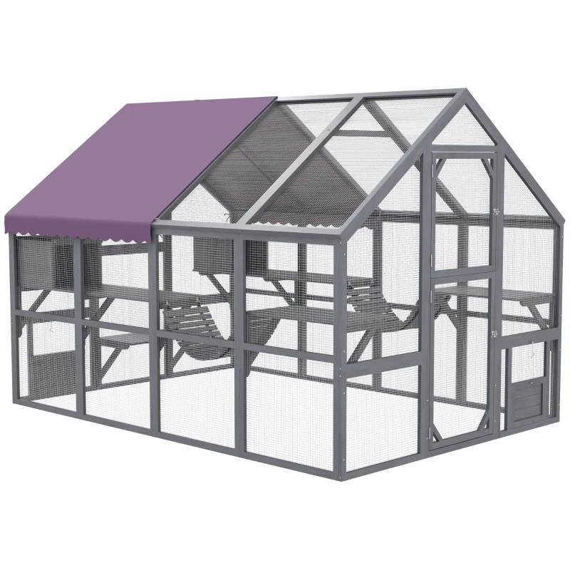 PawHut 9.2' Outdoor Catio Enclosure with Condos & Canopy, Spacious Cat House, Weather-Resistant, Gray