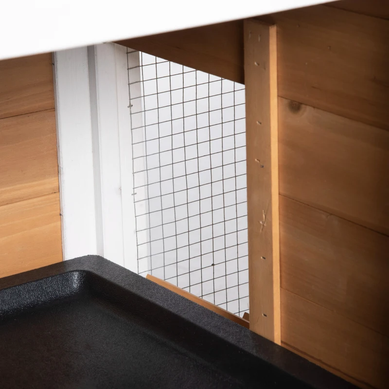 PawHut 90.5" Wooden Rabbit Hutch, Bunny Cage with Double Side Runs, No Leak Tray, Ramp, White