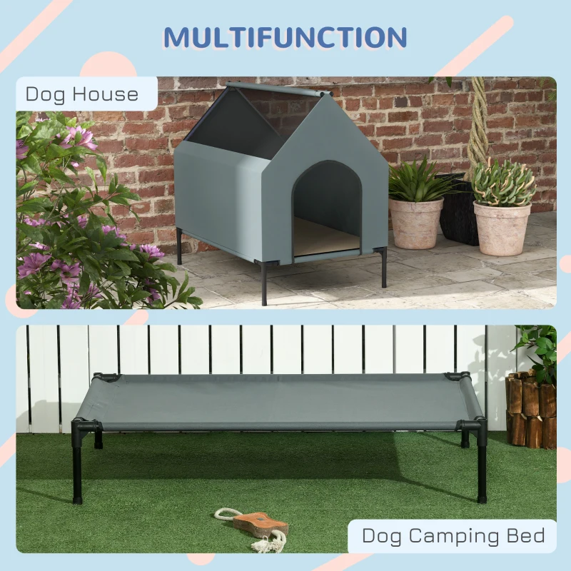 PawHut Dog House Outdoor Elevated Dog Bed with Removable Cover, Mesh Windows, Storage Bag, for S and M-Sized Dogs, Grey