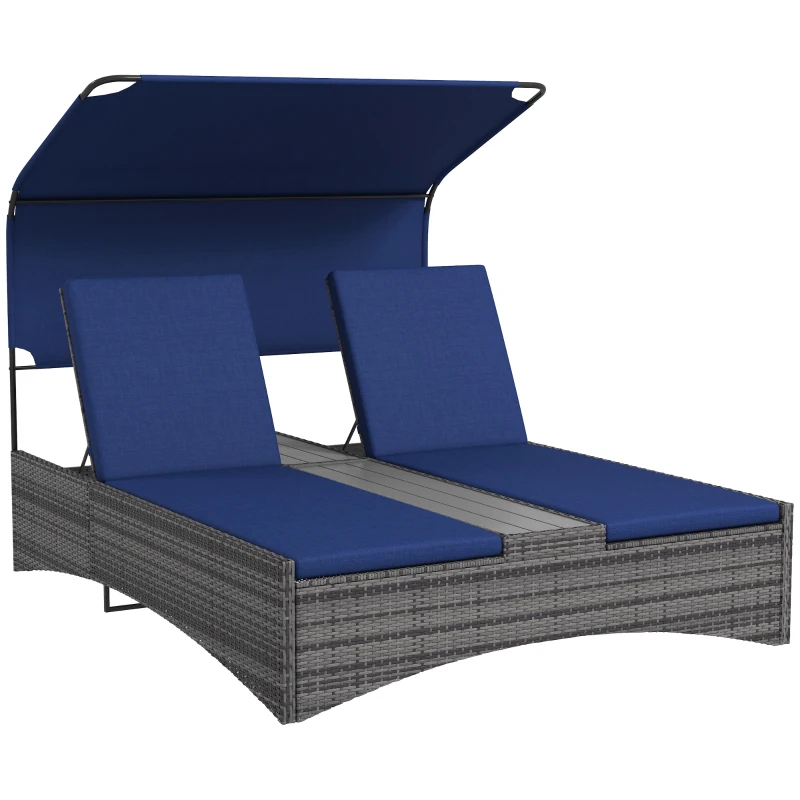 Outsunny Outdoor Double Chaise Lounge with Canopy, Rattan, Adjustable, 5-Position Recliner, Daybed with Table, Dark Blue
