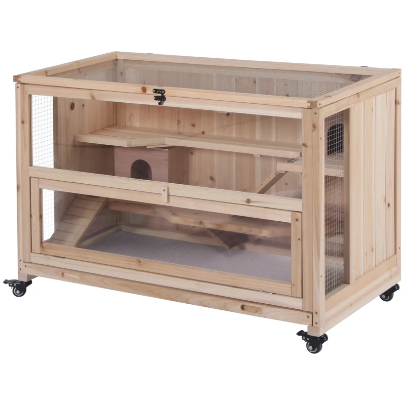 PawHut 3 Tier Wooden Hamster Cage with Wheels for Dwarf Hamster, Nature Wood