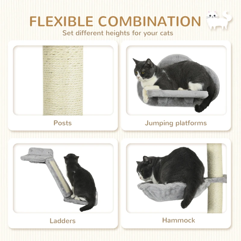 PawHut 3PCs Cat Shelves with Hammock, Scratching Posts, Platforms, Grey
