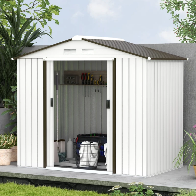 Outsunny 7' x 4' Outdoor Storage Shed, Garden Tool House with Foundation Kit, 4 Vents and 2 Easy Sliding Doors for Backyard, Patio, Garage, Lawn, White