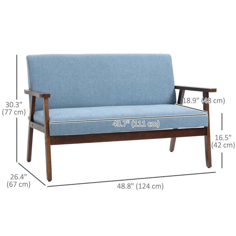 HOMCOM Compact Loveseat Sofa Couch Linen Fabric Double Seat Sofa with Rubber Wood Legs Blue