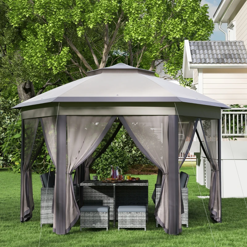 Outsunny 13' x 13' Pop Up Gazebo Hexagonal Canopy Shelter with 6 Zippered Mesh Netting for Patio Backyard Garden Wedding Party
