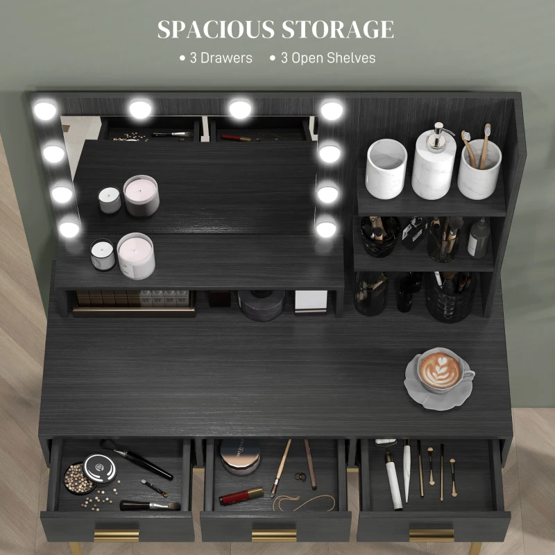 HOMCOM Illuminated Dressing Table, LED Vanity Table with Mirror, 3 Drawers and Storage Shelves for Bedroom, Black