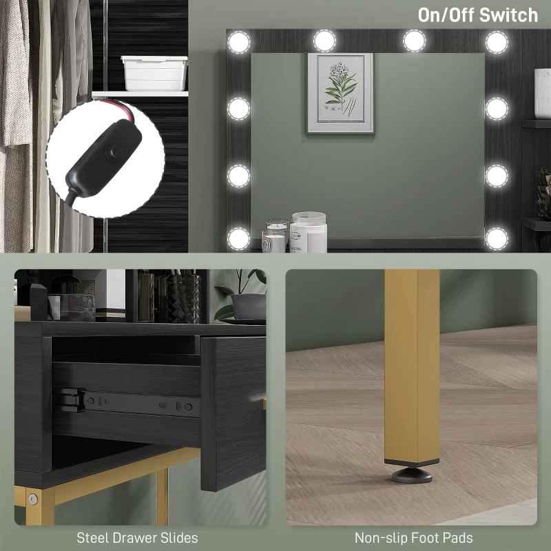 HOMCOM Illuminated Dressing Table, LED Vanity Table with Mirror, 3 Drawers and Storage Shelves for Bedroom, Black