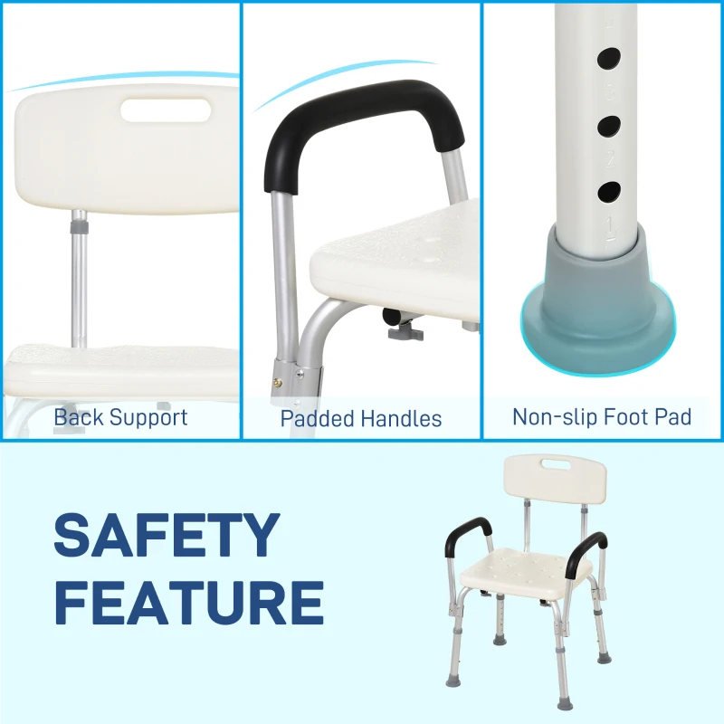 HOMCOM Adjustable Medical Shower Chair with Back, Bathtub Bench Bath Seat with Padded Arms, Non Slip Tub Safety for Disabled, Seniors, Elderly