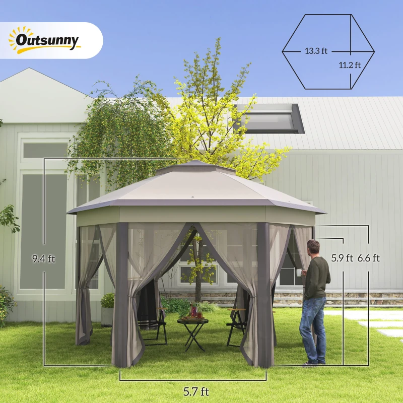 Outsunny 13' x 13' Pop Up Gazebo Hexagonal Canopy Shelter with 6 Zippered Mesh Netting for Patio Backyard Garden Wedding Party