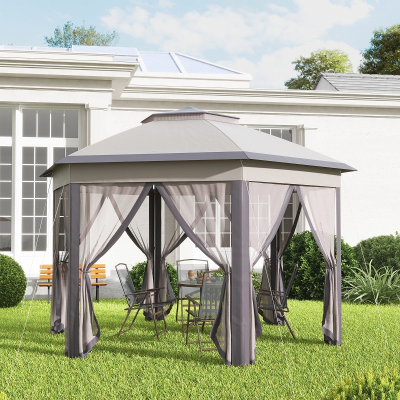 Outsunny 13 x 13 Pop Up Double Roof Hexagon Patio Gazebo Outdoor Instant Shelter Garden Shelter with Netting Coffee and Beige Aosom Canada