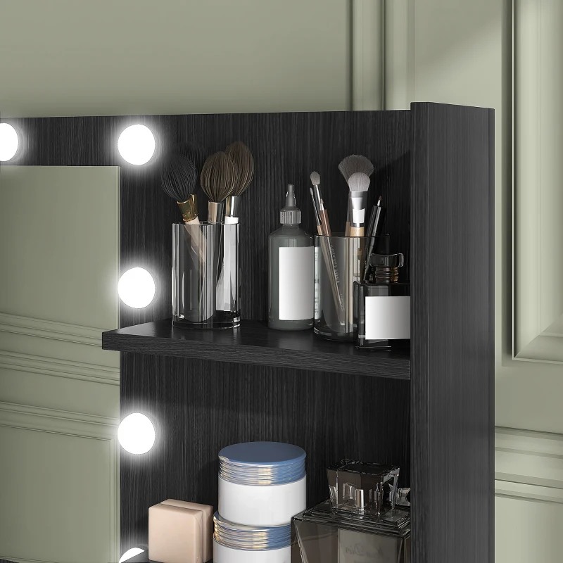 HOMCOM Illuminated Dressing Table, LED Vanity Table with Mirror, 3 Drawers and Storage Shelves for Bedroom, Black