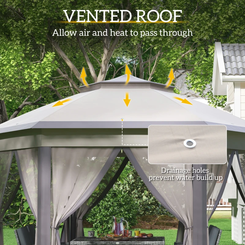 Outsunny 13' x 13' Pop Up Gazebo Hexagonal Canopy Shelter with 6 Zippered Mesh Netting for Patio Backyard Garden Wedding Party