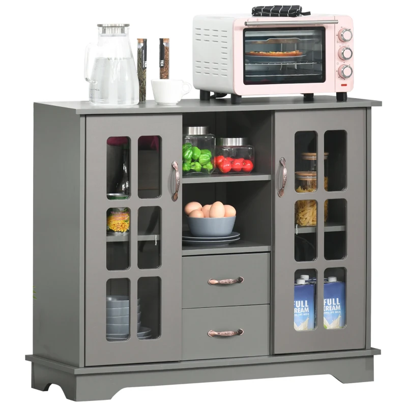 HOMCOM Modern Kitchen Sideboard with 2 Drawers, Coffee Bar Cabinet with Glass Doors Storage Cupboard and Open Shelf, Grey