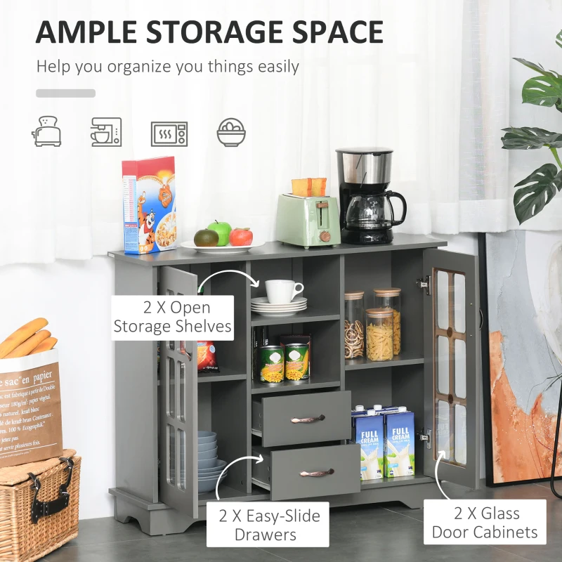HOMCOM Modern Kitchen Sideboard with 2 Drawers, Coffee Bar Cabinet with Glass Doors Storage Cupboard and Open Shelf, Grey