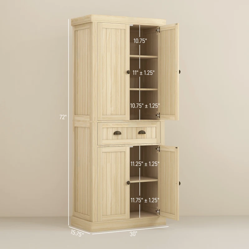 HOMCOM 72" Kitchen Cabinet, Kitchen Pantry Cabinet with 4 Doors, 2 Adjustable Shelves and Drawer, Nature Wood