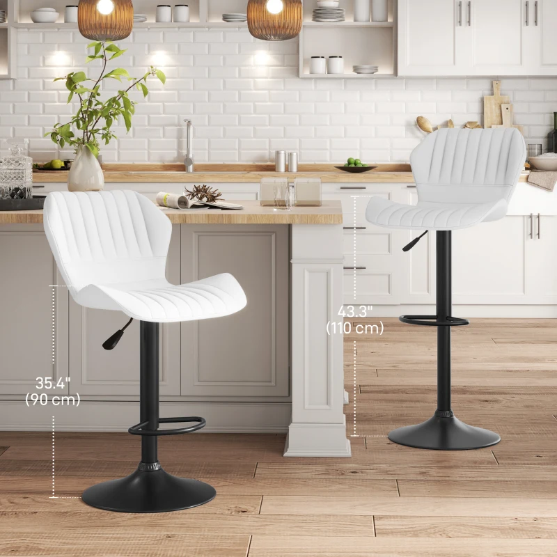 HOMCOM Shell Back Bar Stool Set of 2, PU Leather Adjustable Swivel Barstools with Chrome Base and Footrest for Kitchen Counter, Pub, White