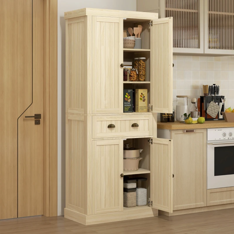 HOMCOM 72" Kitchen Cabinet, Kitchen Pantry Cabinet with 4 Doors, 2 Adjustable Shelves and Drawer, Nature Wood