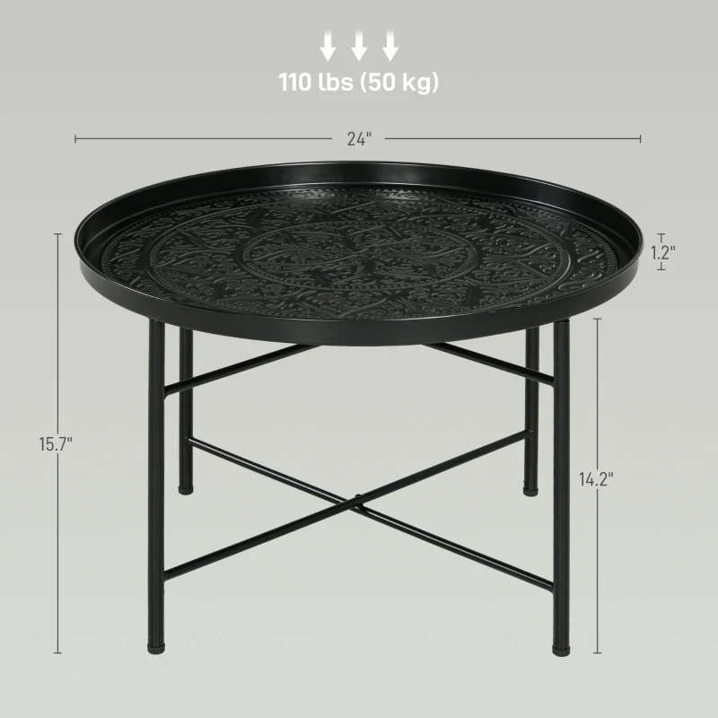 HOMCOM Coffee Table for Living Room, 24" Round Center Table with Hammered Tray Top and Metal Frame for Bedroom, Black