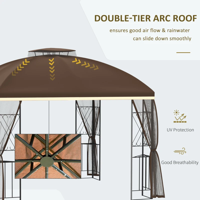 Outsunny 10' x 10' Outdoor Patio Gazebo Canopy with Double Tier Roof, Removable Mesh Nettings, Display Shelves, Brown
